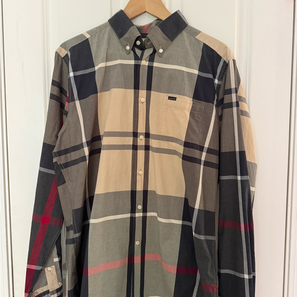 Barbour Beige and Navy Plaid Button-Down Shirt (New)